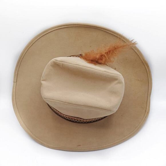 Vintage Union Made Cowboy Hat | Wool Felt Beige Feather Detail Western Size L - Picture 5 of 13